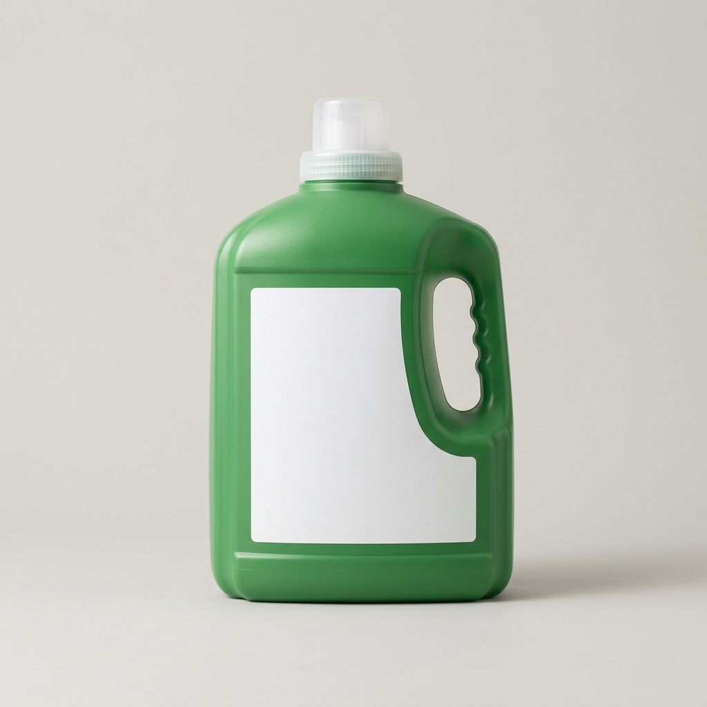 A green jug of liquid detergent with a blank white label.