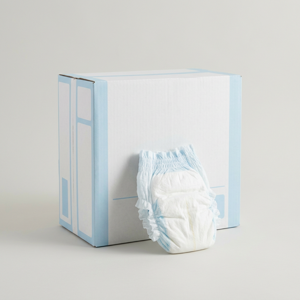 A large white and pale blue cardboard box of diapers with one diaper leaning against it.