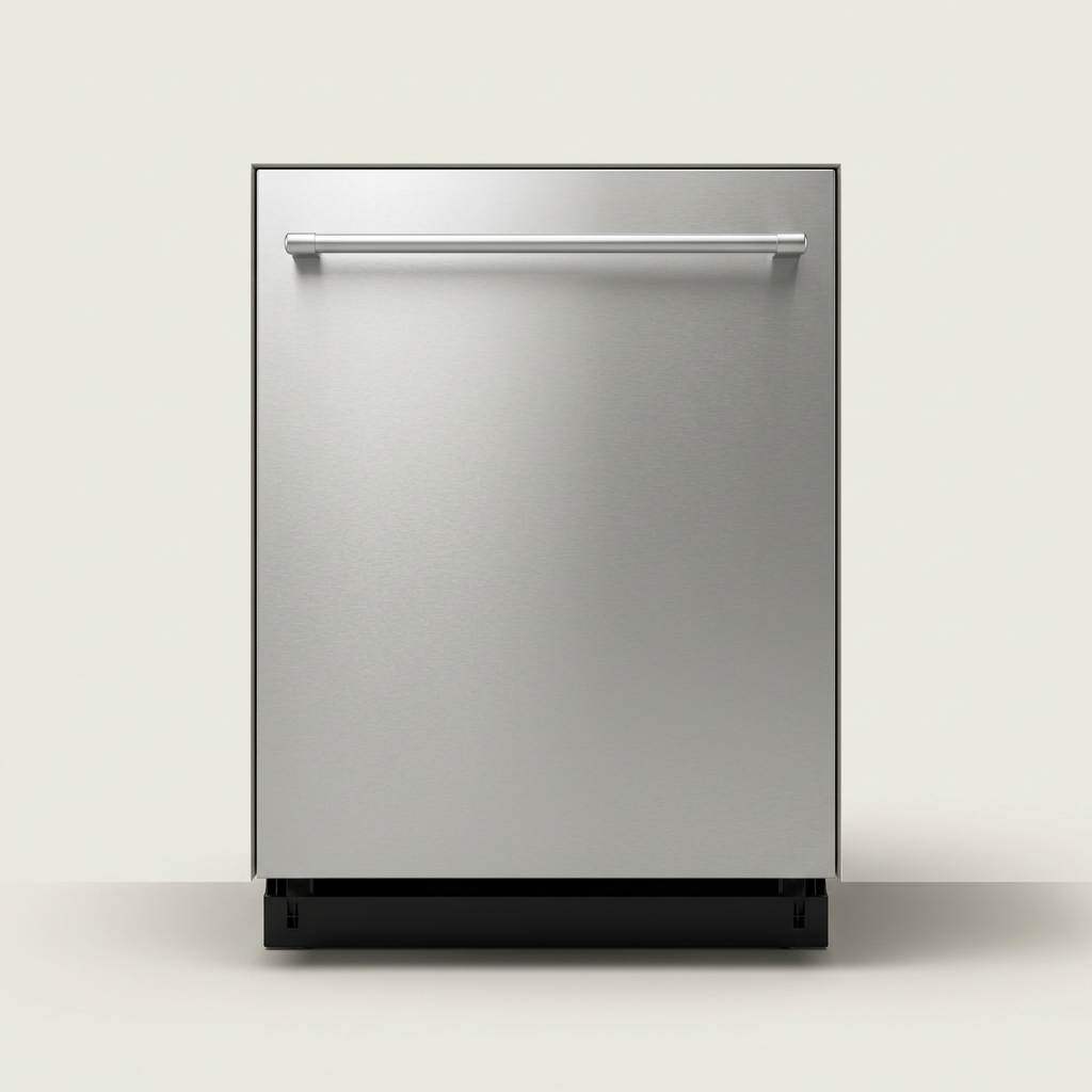 A stainless steel built-in dishwasher seen from the front.