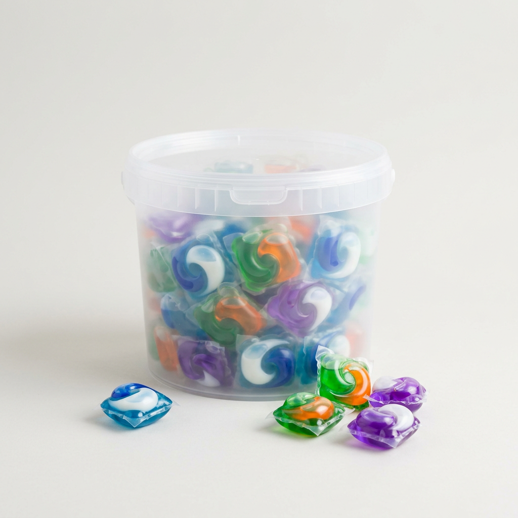 A clear tub of colorful laundry pods with a few pods resting in front.