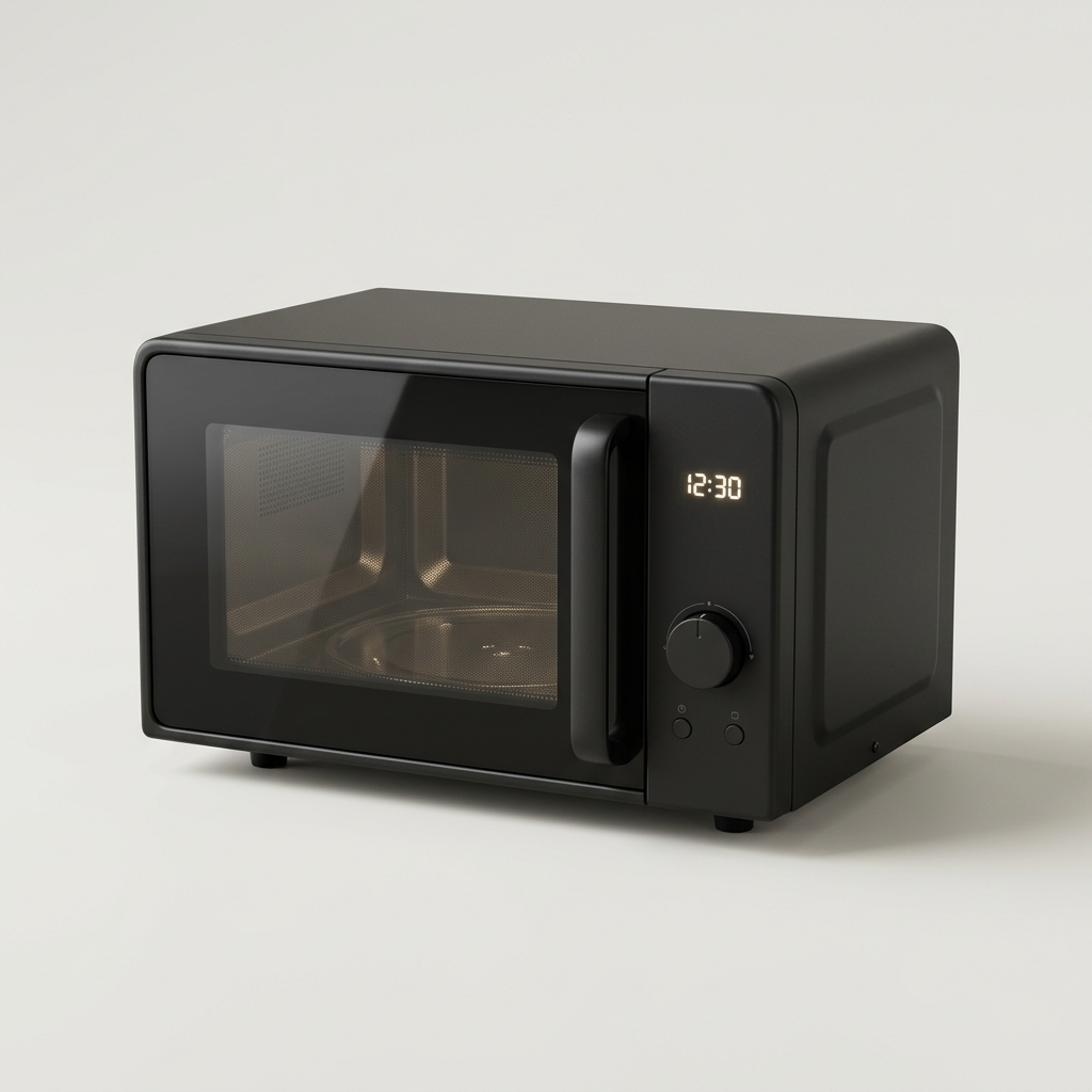 A matte black countertop microwave with a small digital clock and a single dial.