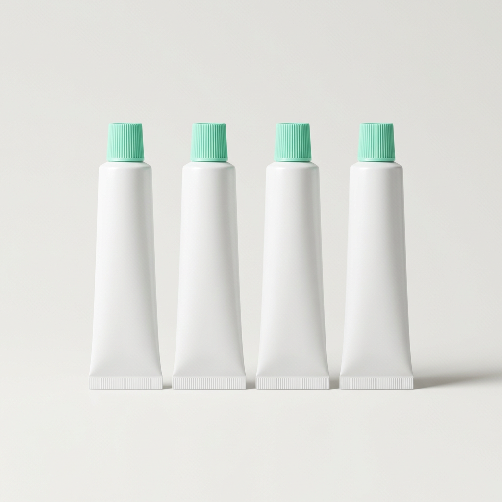 Four white toothpaste tubes with mint green caps standing in a row.